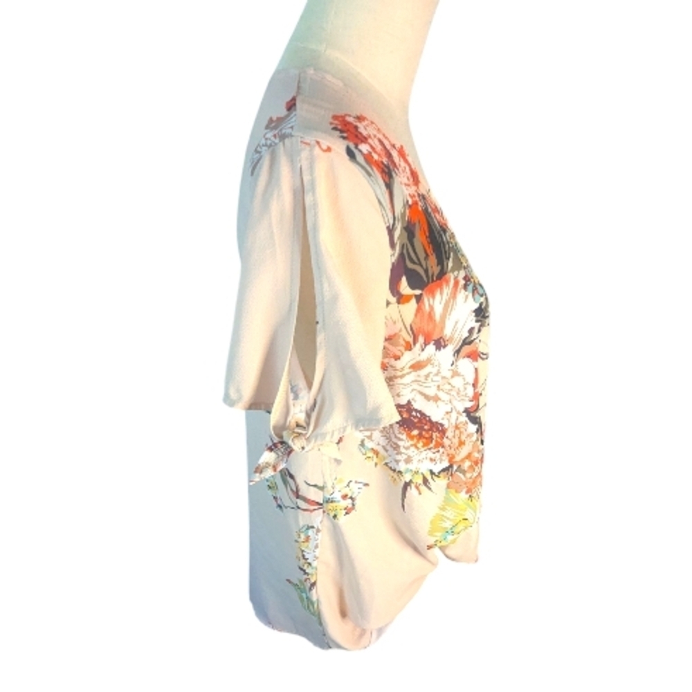 Floral Peach Wrap Top TIe Sleeves Small - Picture 4 of 4